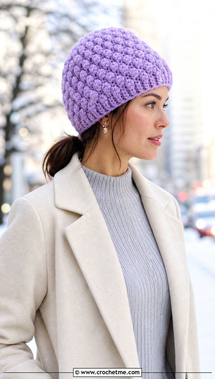Top Down Puff Stitch Crochet Beanie With Sweater Dress - 30 top down crochet hat outfit ideas