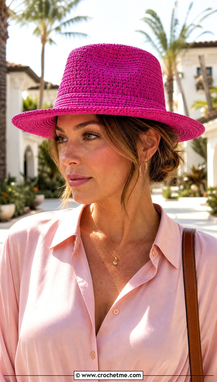 Top Down Raffia Crochet Fedora With White Jeans - 30 top down crochet hat outfit ideas