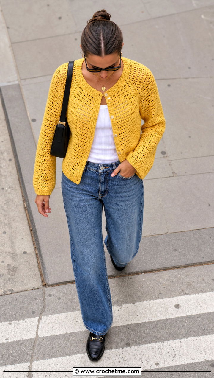 Top Down Raglan Seamless Crochet Cardigan With Straight Jeans - 25 Crochet Seamless Cardigan outfit ideas