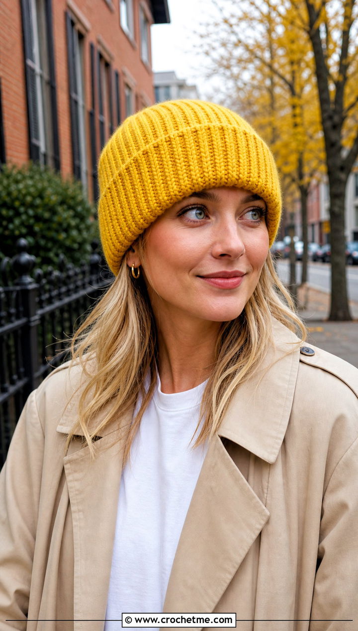 Top Down Ribbed Crochet Beanie With Trench Coat - 30 top down crochet hat outfit ideas