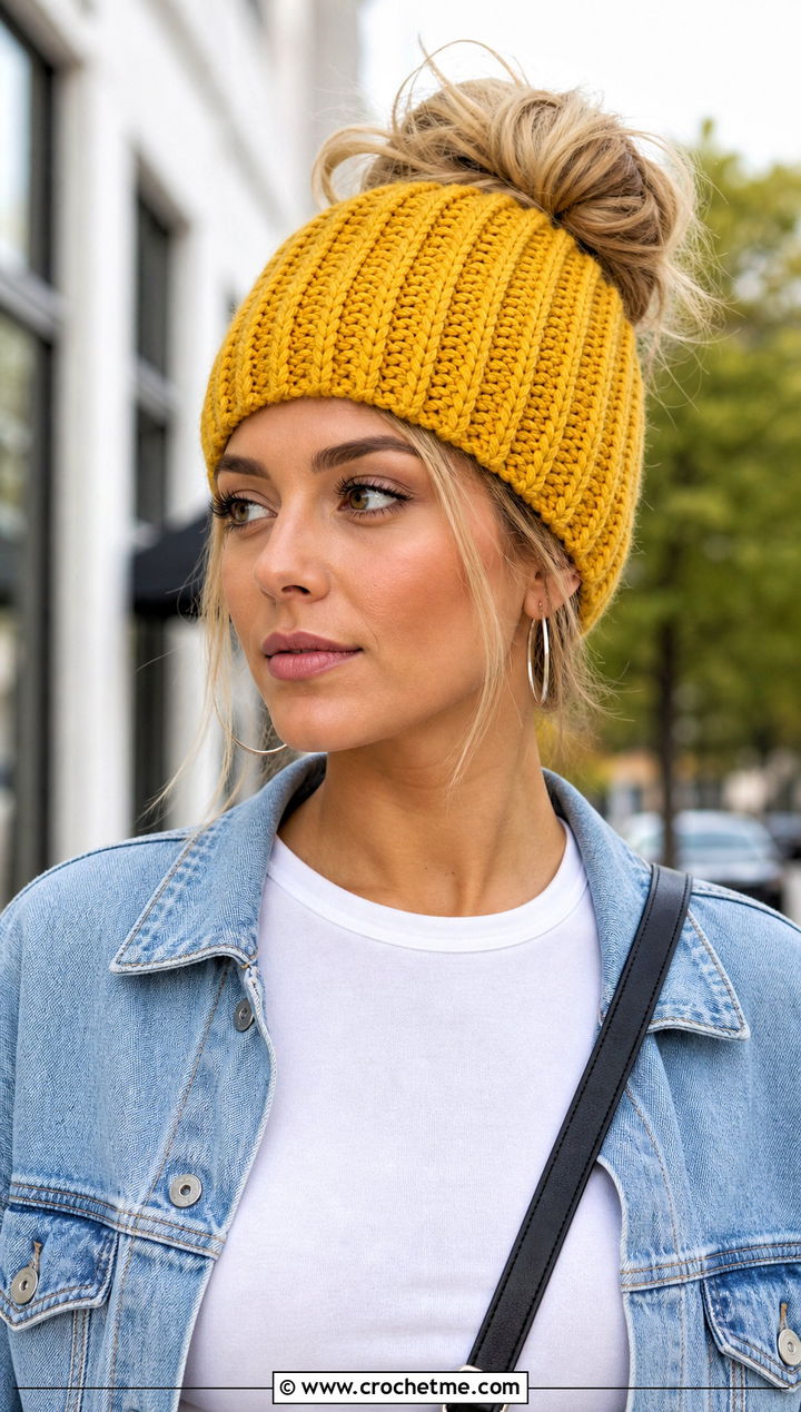 Top Down Ribbed Crochet Messy Bun Hat With Denim Jacket - 20 top down crochet messy bun hat outfit ideas