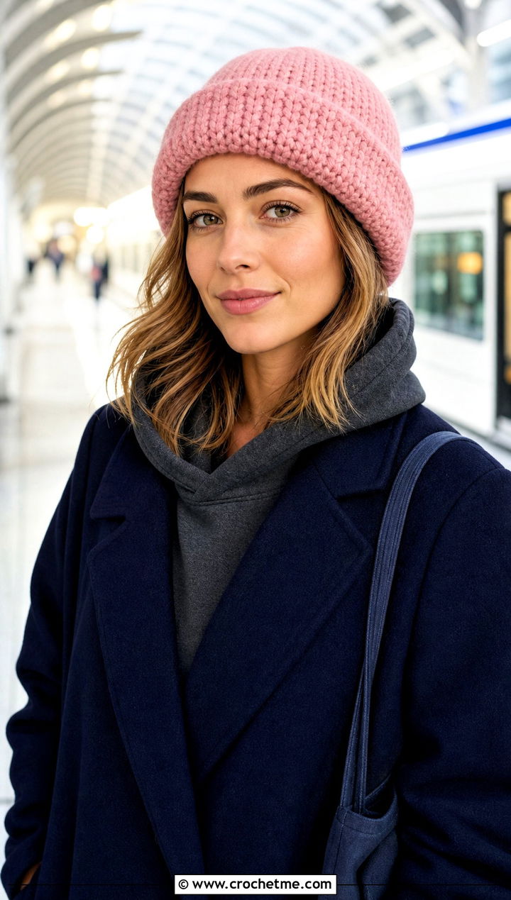 Top Down Rolled Brim Crochet Beanie With Long Coat - 30 top down crochet hat outfit ideas