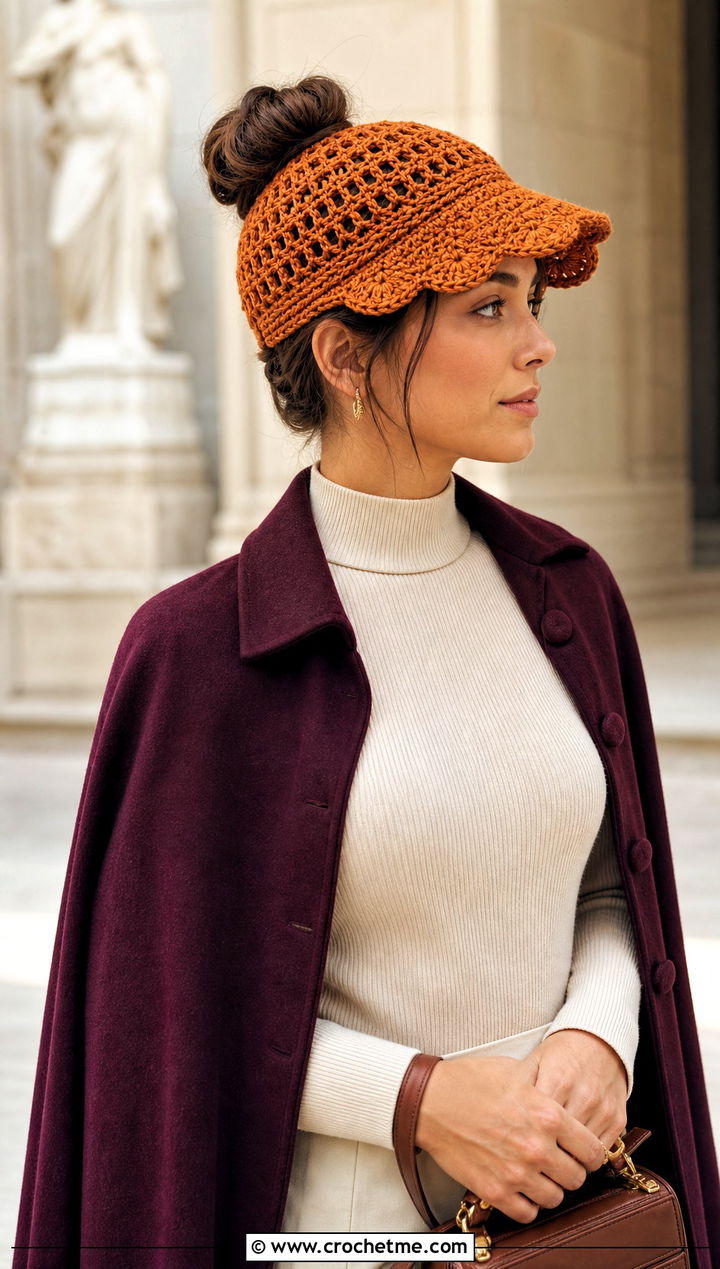 Top Down Scalloped Brim Crochet Messy Bun Hat With Cape Coat - 20 top down crochet messy bun hat outfit ideas