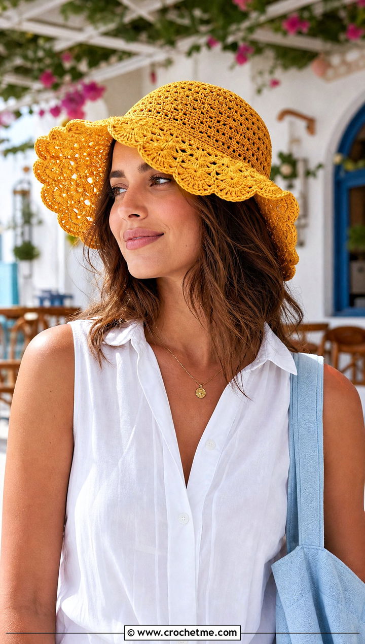 Top Down Scalloped Crochet Sun Hat With Wide Leg Pants - 30 top down crochet hat outfit ideas