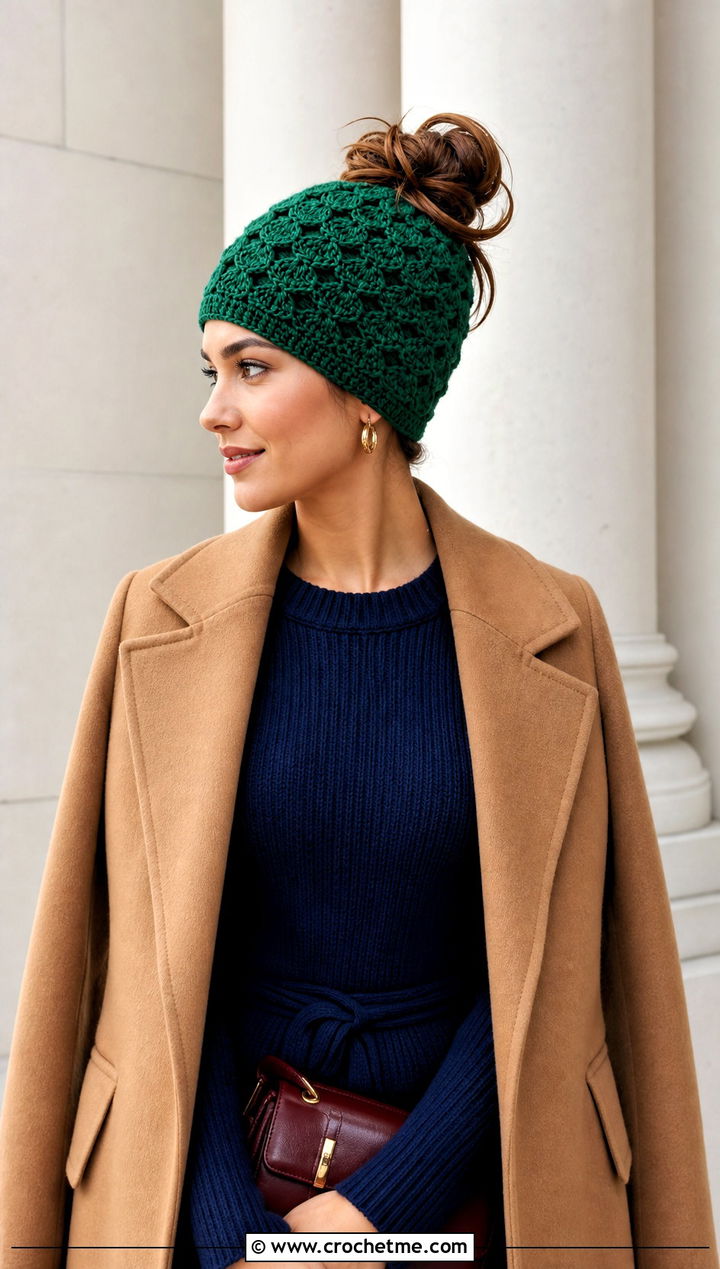 Top Down Shell Stitch Crochet Messy Bun Hat With Sweater Dress - 20 top down crochet messy bun hat outfit ideas