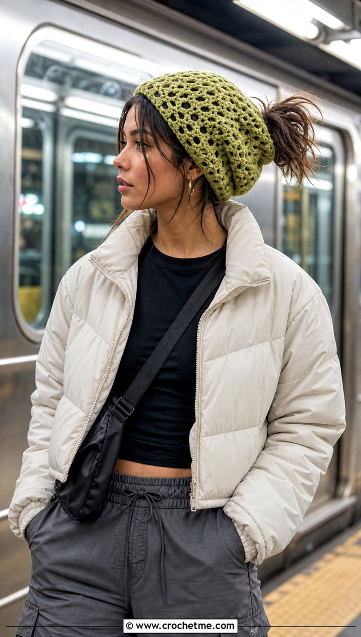 Top Down Slouchy Crochet Messy Bun Hat With Cargo Pants - 20 top down crochet messy bun hat outfit ideas