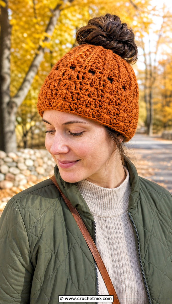 Top Down Snow Drop Crochet Messy Bun Hat With Quilted Jacket - 20 top down crochet messy bun hat outfit ideas