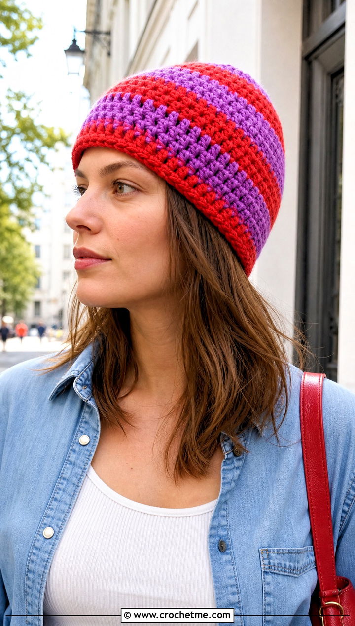 Top Down Striped Crochet Beanie With Double Denim - 30 top down crochet hat outfit ideas