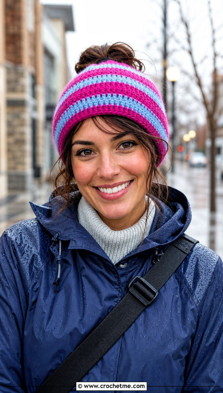 Top Down Striped Crochet Messy Bun Hat With Raincoat - 20 top down crochet messy bun hat outfit ideas