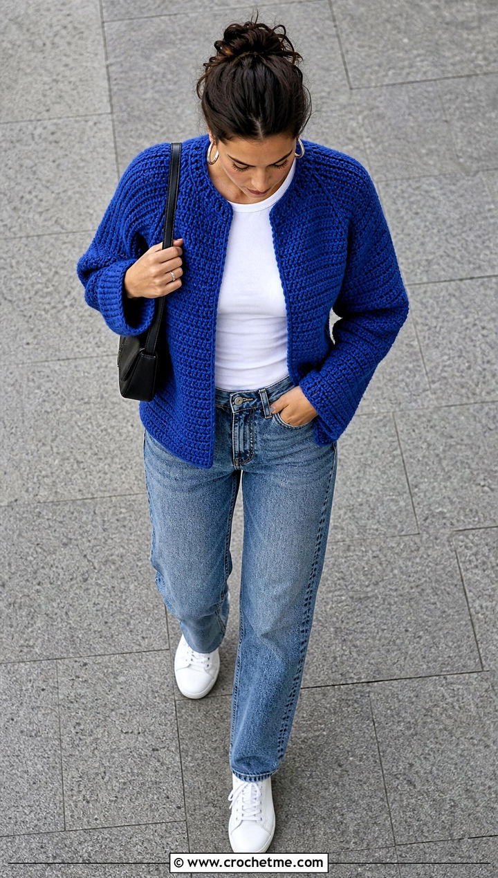Top Down Textured Crochet Raglan Jacket With Straight Jeans - 15 crochet raglan jacket outfit ideas