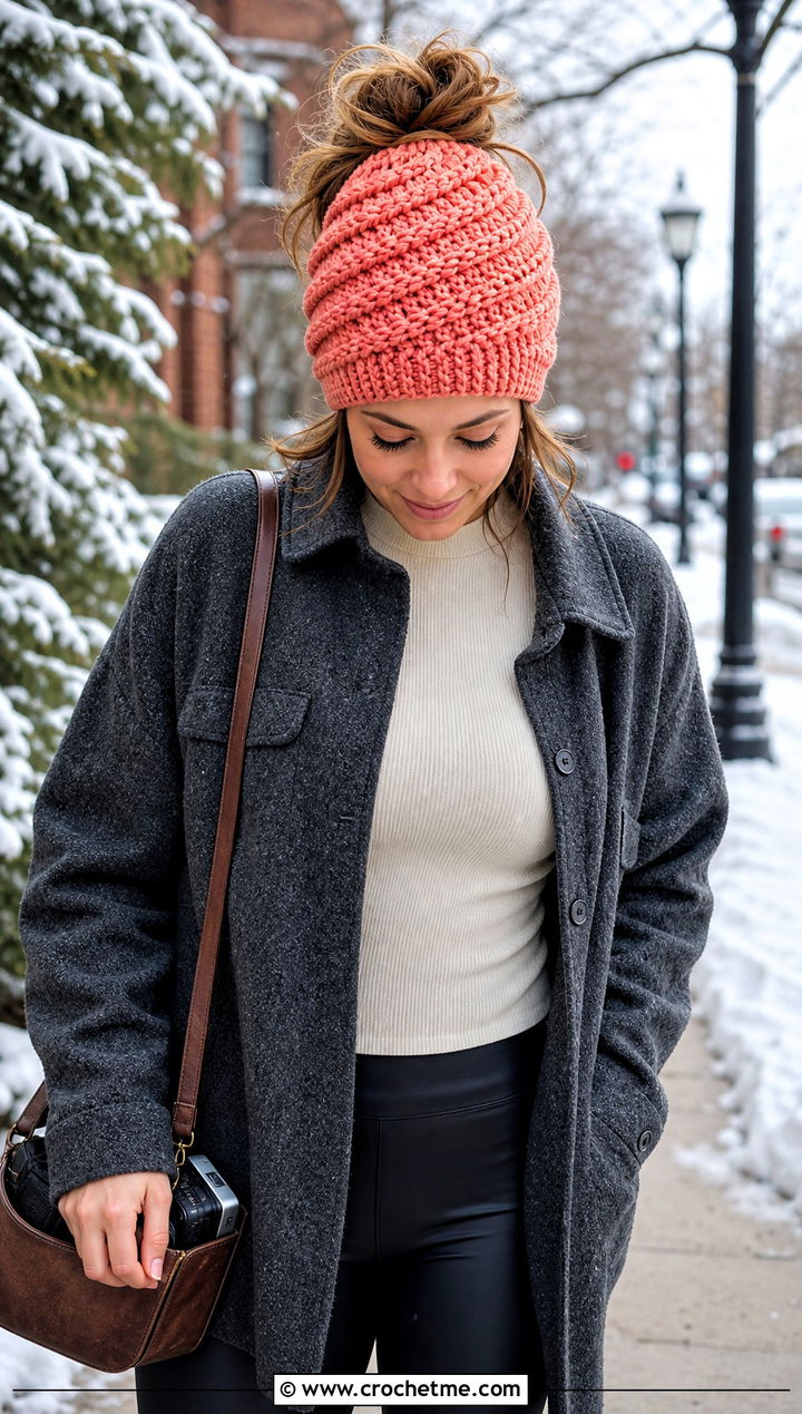 Top Down Twist Stitch Crochet Messy Bun Hat With Shacket - 20 top down crochet messy bun hat outfit ideas