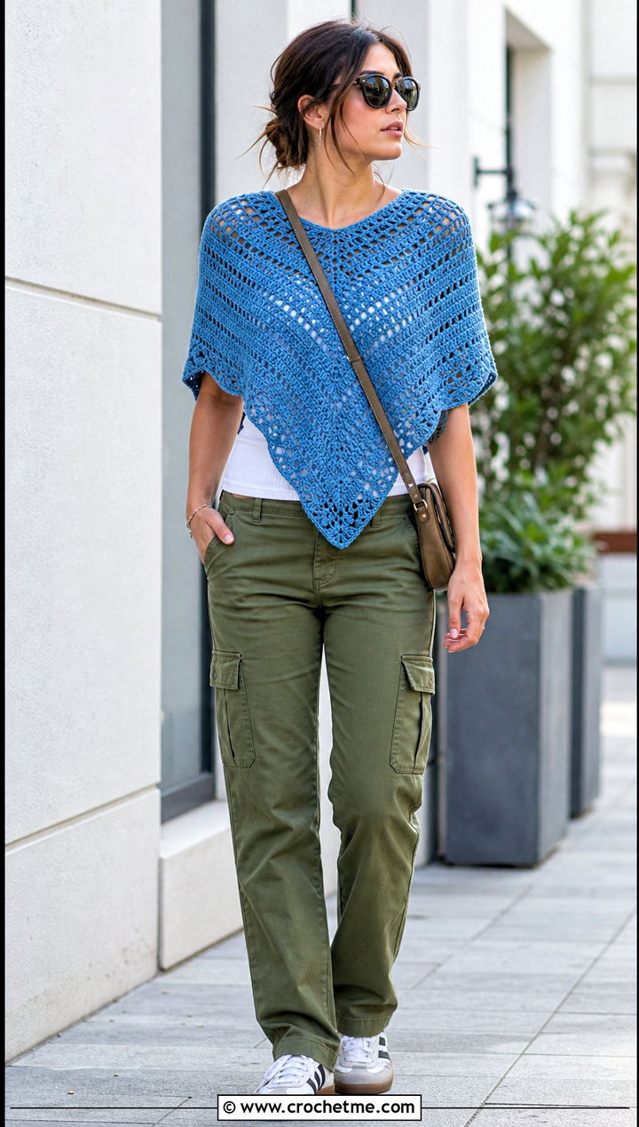 Top Down V Crochet Poncho With Cargo Pants - 20 Easy Crochet Poncho For Beginners outfit ideas