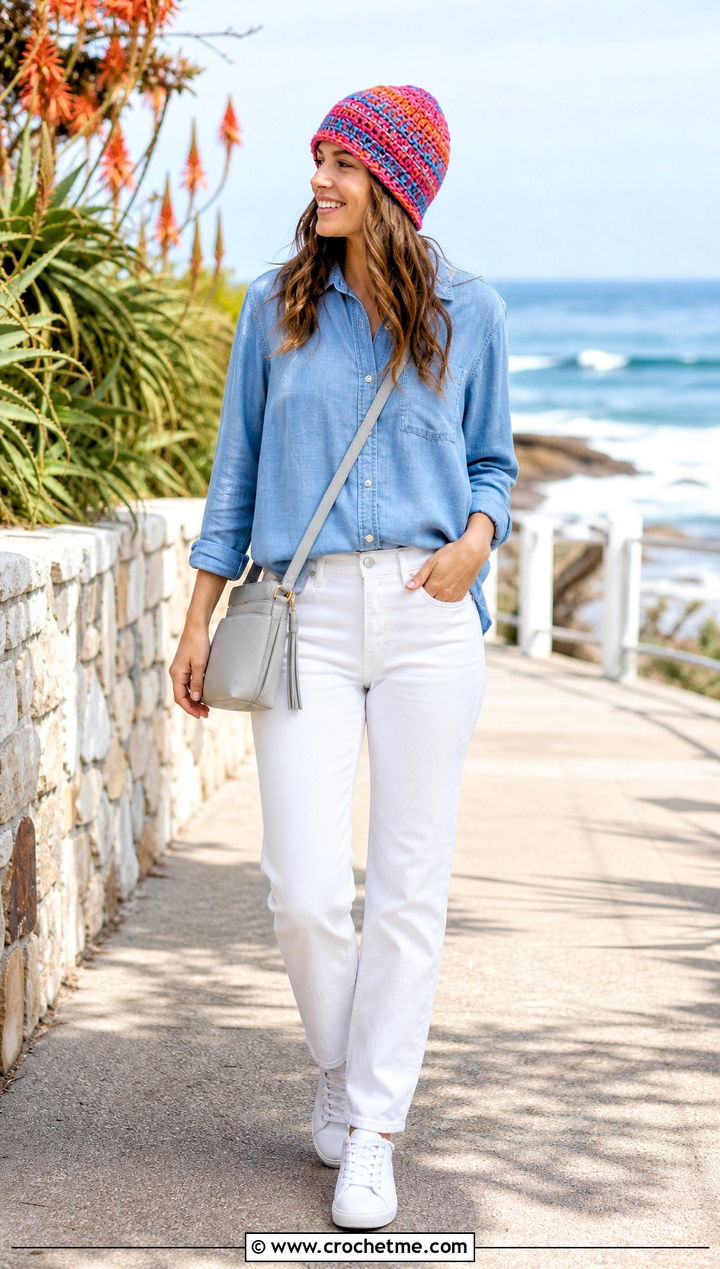Top Down Variegated Crochet Beanie With Chambray Shirt And White Jeans - 35 top down crochet beanie outfit ideas