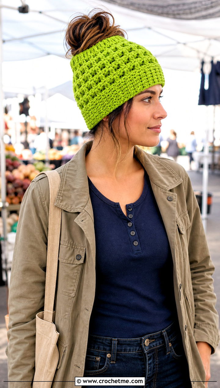 Top Down Waffle Stitch Crochet Messy Bun Hat With Utility Jacket - 20 top down crochet messy bun hat outfit ideas