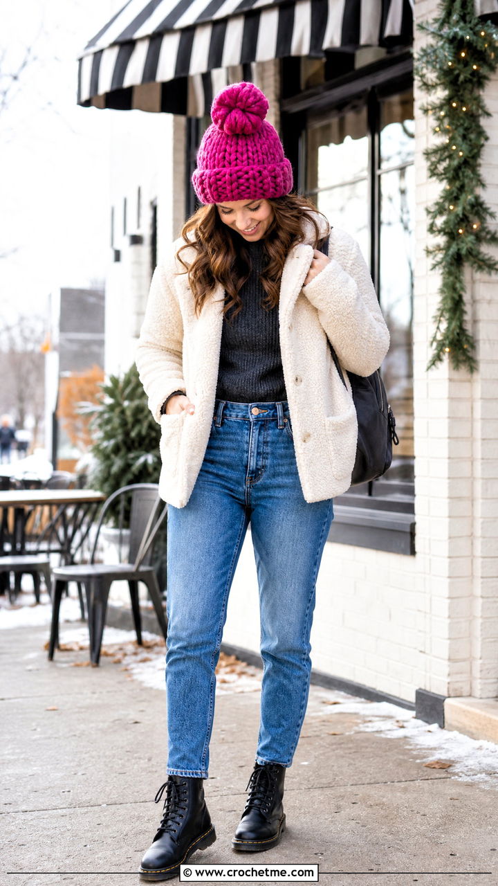 Top Knot Chunky Crochet Beanie With Teddy Jacket And Mom Jeans - 35 chunky crochet hat outfit ideas