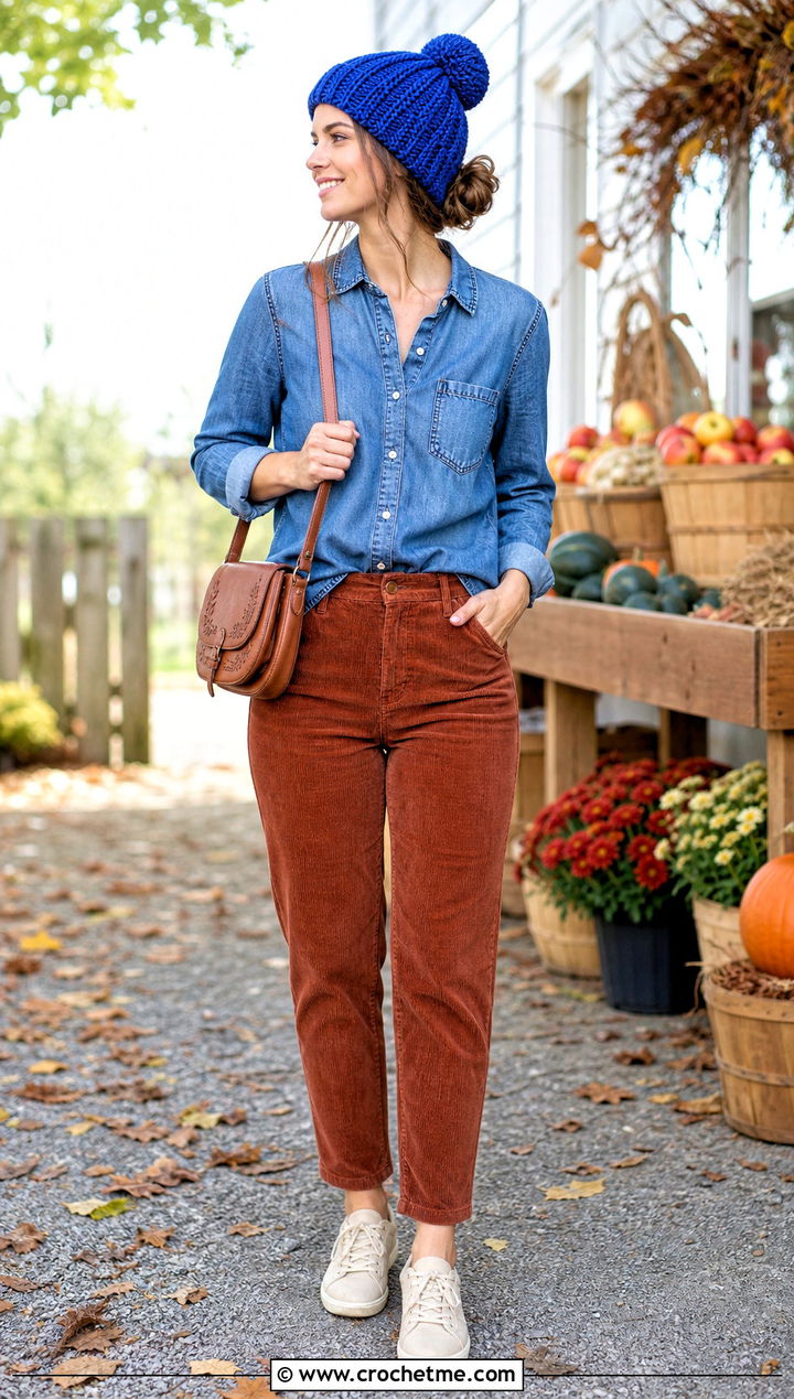 Top Knot Crochet Beanie With Denim Shirt And Corduroy Pants - 35 simple crochet beanie outfit ideas