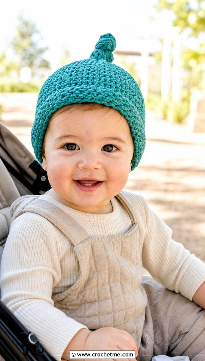 Top Knot Crochet Hat With Quilted Coveralls - 15 12 Month Crochet Hat outfit ideas