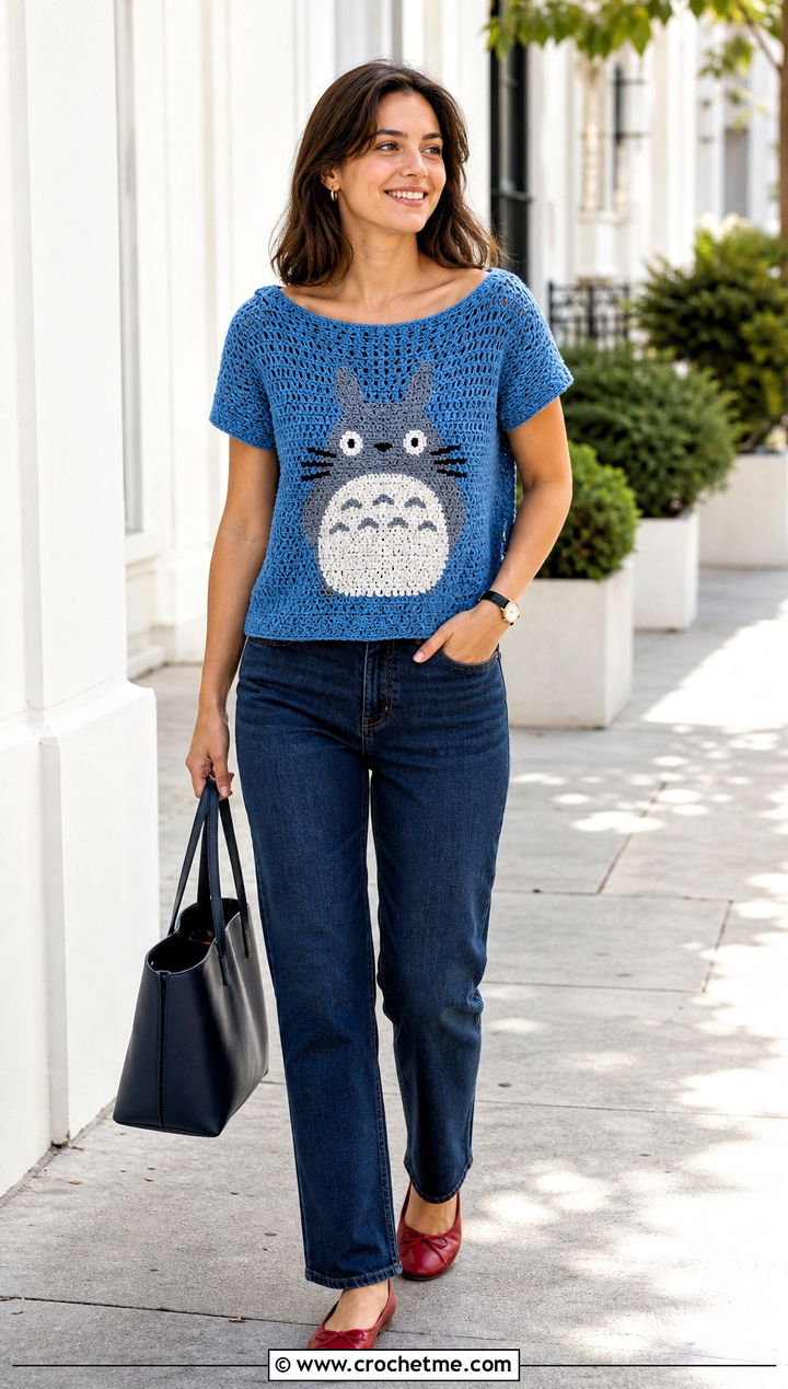 Totoro Crochet Boat Neck Top With Straight Leg Jeans - 25 Totoro Crochet Top outfit ideas