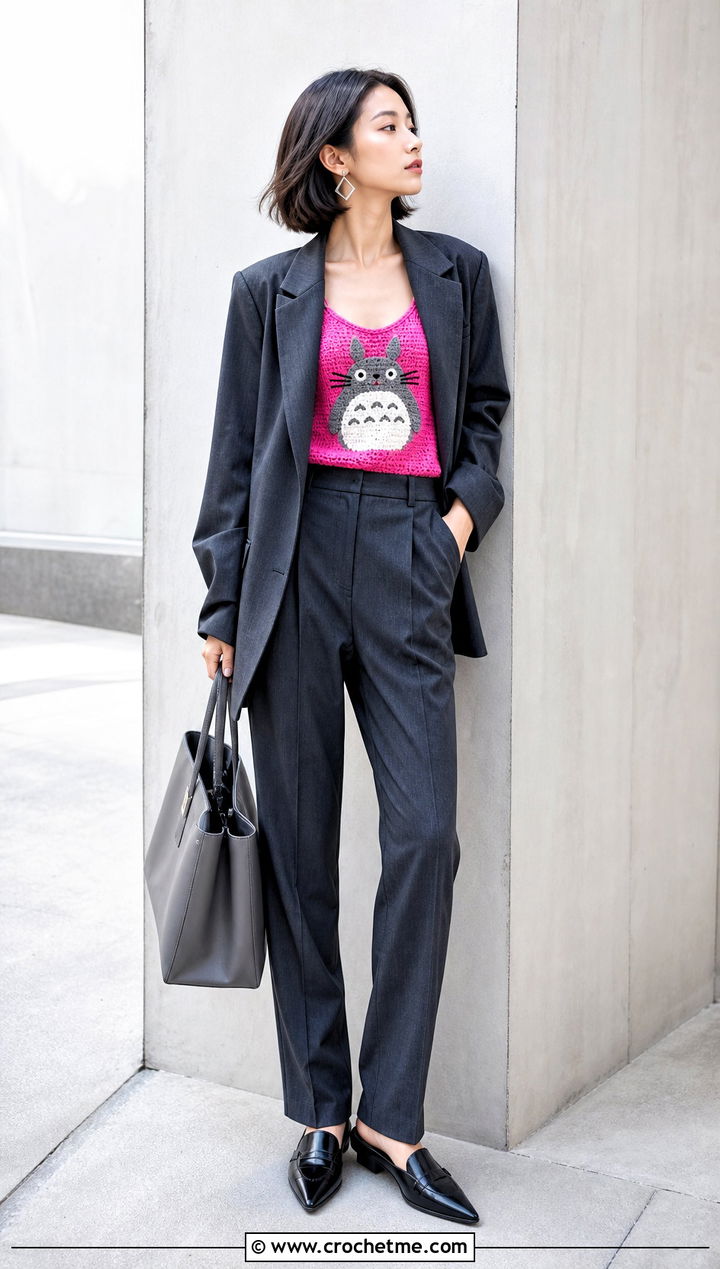 Totoro Crochet Camisole Top With Tailored Suit - 25 Totoro Crochet Top outfit ideas