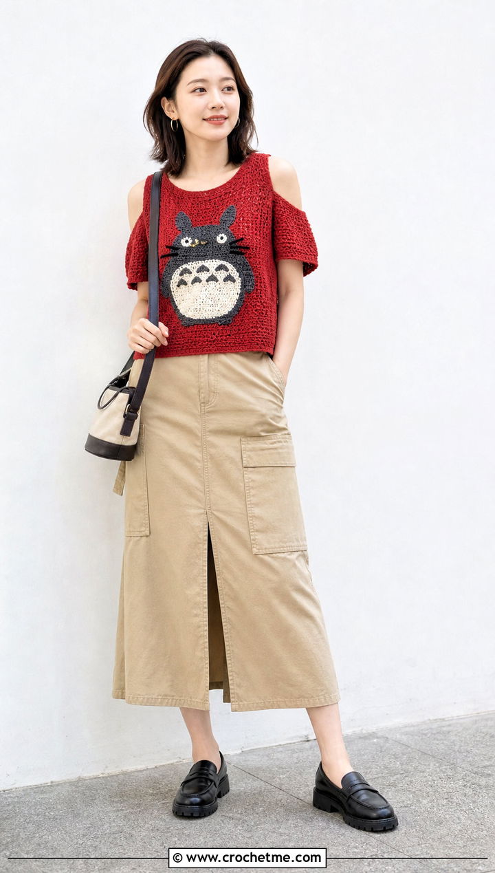 Totoro Crochet Cold Shoulder Top With Utility Skirt - 25 Totoro Crochet Top outfit ideas