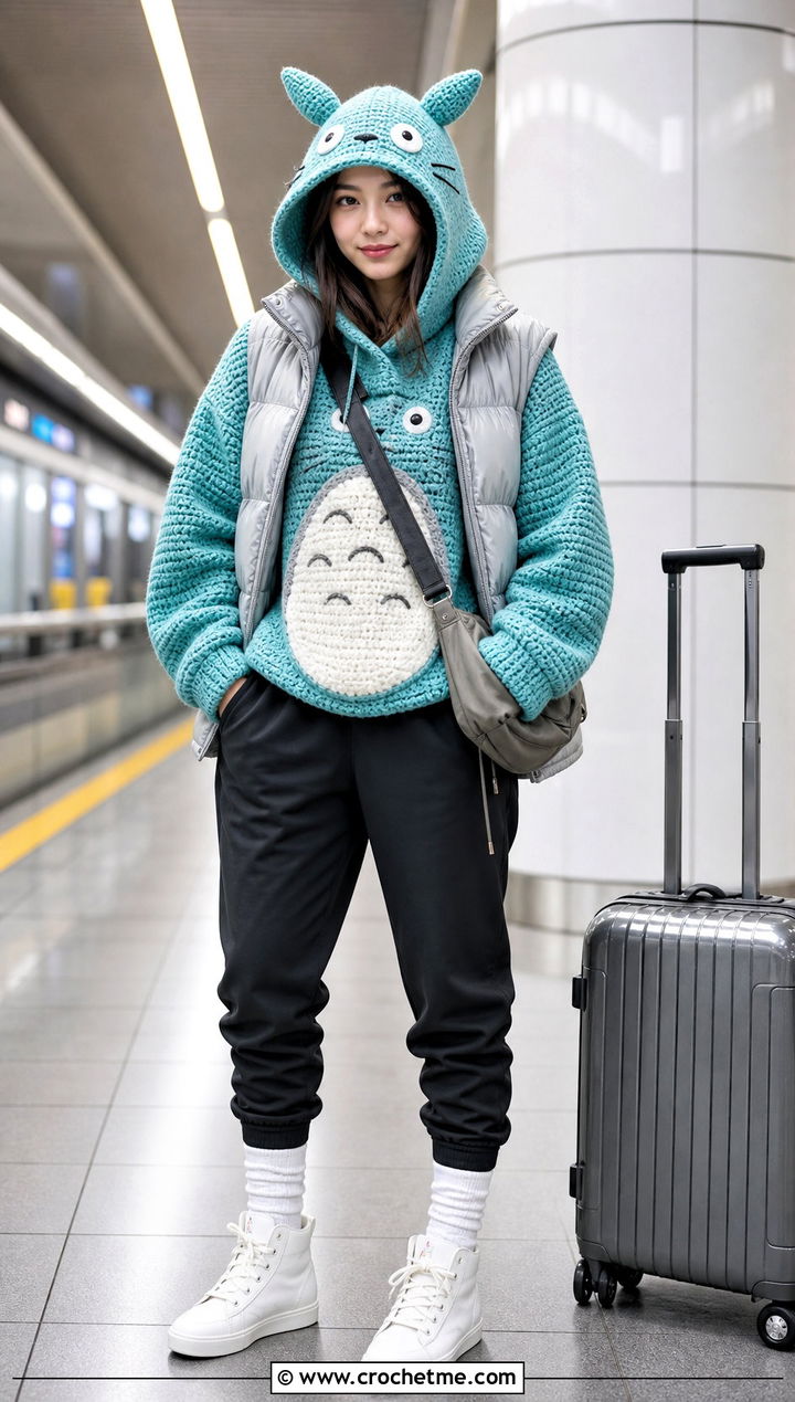Totoro Crochet Hooded Top With Puffer Vest And Joggers - 25 Totoro Crochet Top outfit ideas