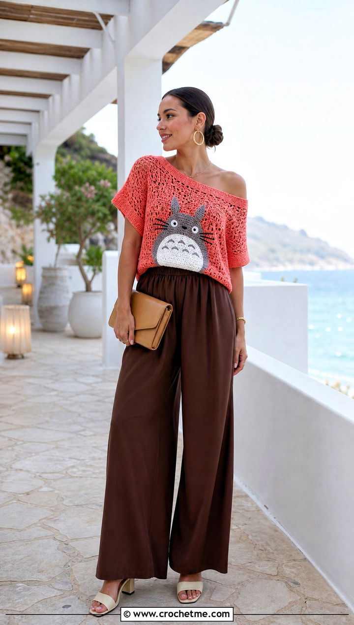 Totoro Crochet Off Shoulder Top With Palazzo Pants - 25 Totoro Crochet Top outfit ideas
