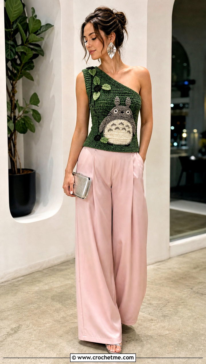 Totoro Crochet One Shoulder Top With Satin Pants - 25 Totoro Crochet Top outfit ideas
