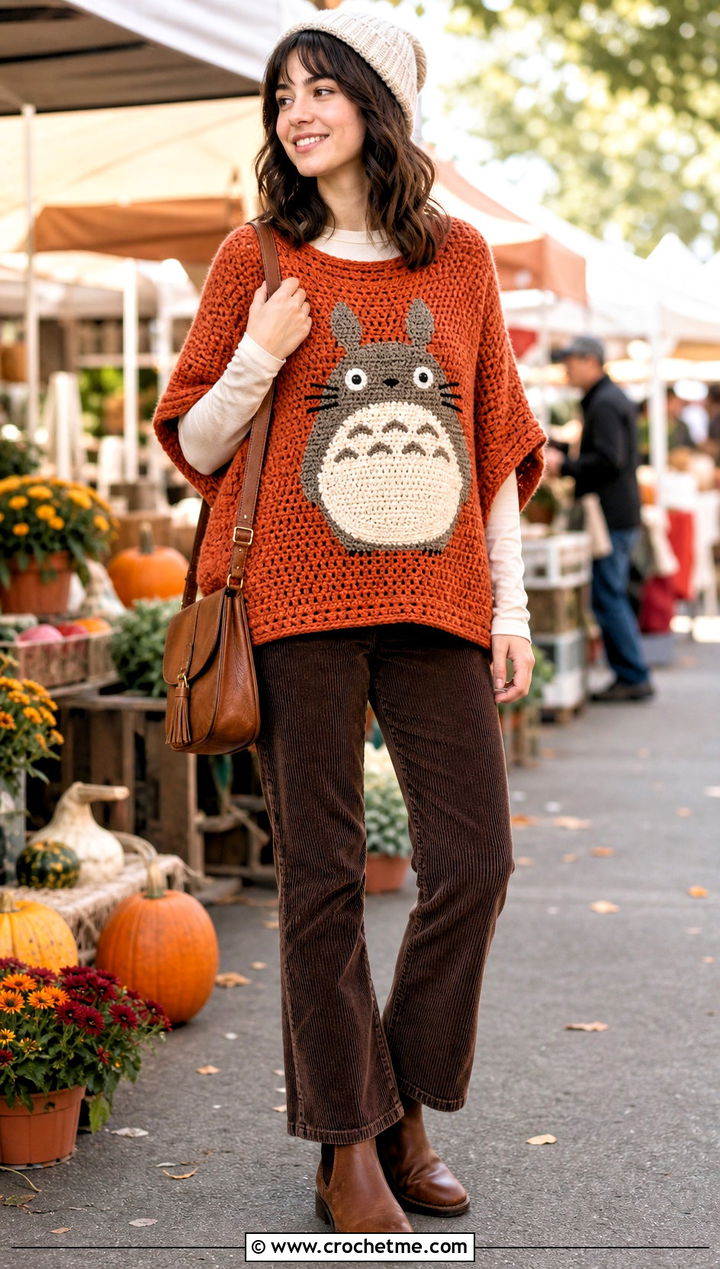 Totoro Crochet Poncho Top With Corduroy Pants - 25 Totoro Crochet Top outfit ideas