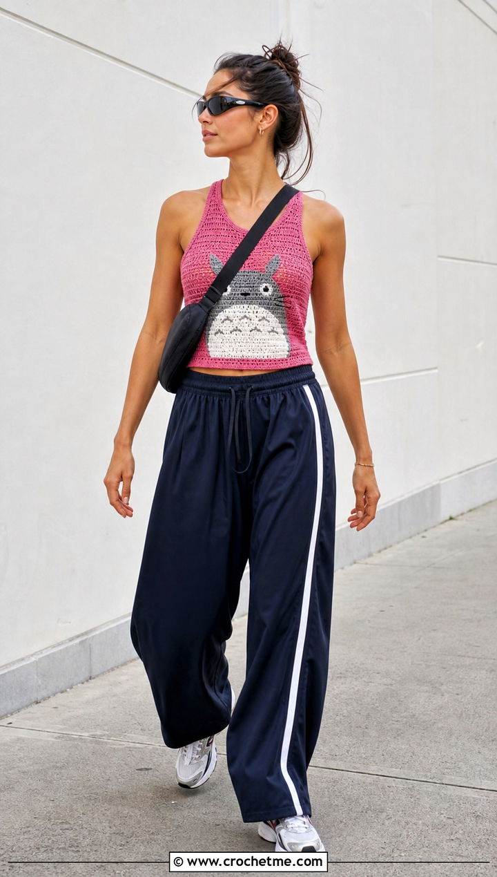 Totoro Crochet Racerback Top With Track Pants - 25 Totoro Crochet Top outfit ideas