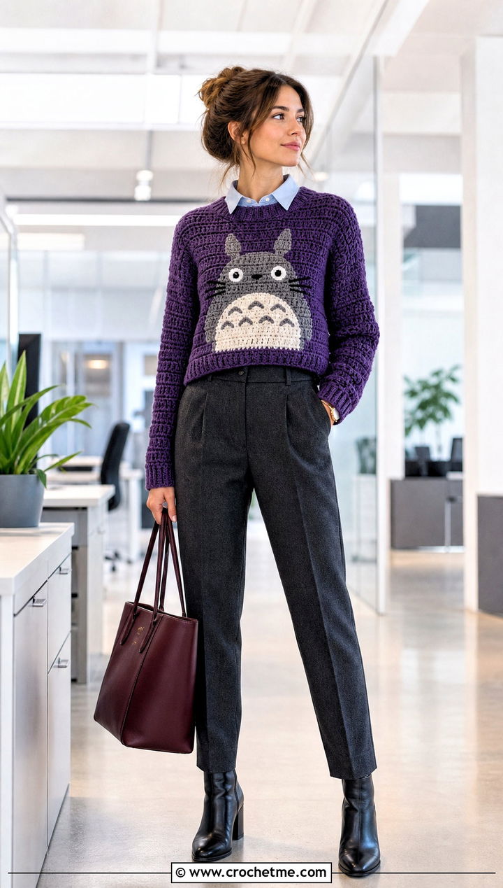 Totoro Crochet Sweater Top With Wool Trousers - 25 Totoro Crochet Top outfit ideas