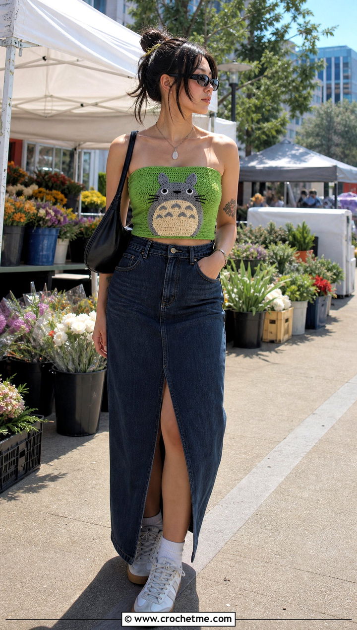 Totoro Crochet Tube Top With Denim Maxi Skirt - 25 Totoro Crochet Top outfit ideas