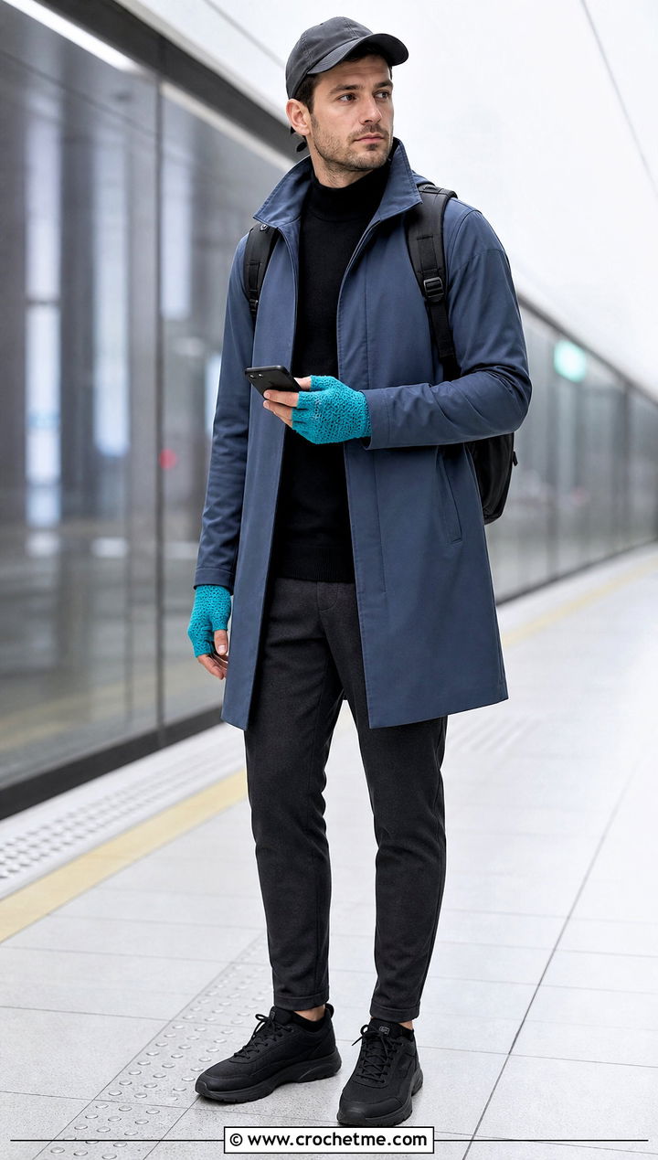 Touchscreen Fingerless Crochet Gloves With Commuter Coat - 35 men crochet gloves outfit ideas