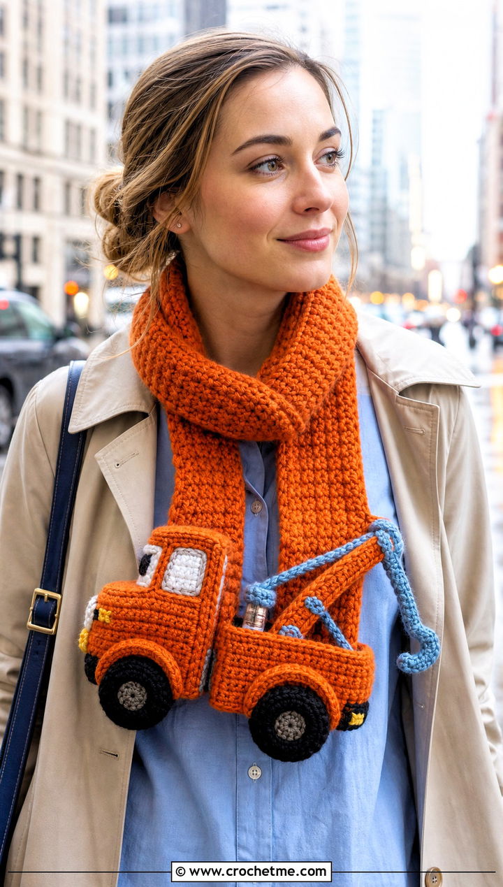 Tow Truck Crochet Scarf With Trench Coat - 20 Crochet Truck Scarf outfit ideas