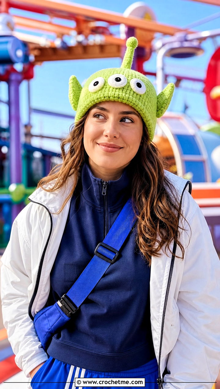 Toy Story Alien Beanie With Sporty Track Pants - 25 Crochet Disney Beanie outfit ideas
