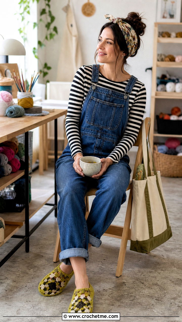 Traditional Cluster Granny Square Slippers With Overalls - 25 Crochet Granny Square Slippers outfit ideas