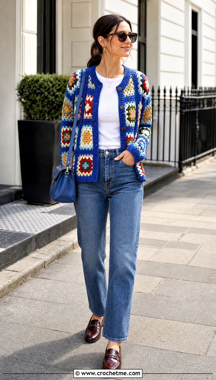 Traditional Granny Square Cardigan With Straight Leg Jeans - 30 crochet square cardigan outfit ideas