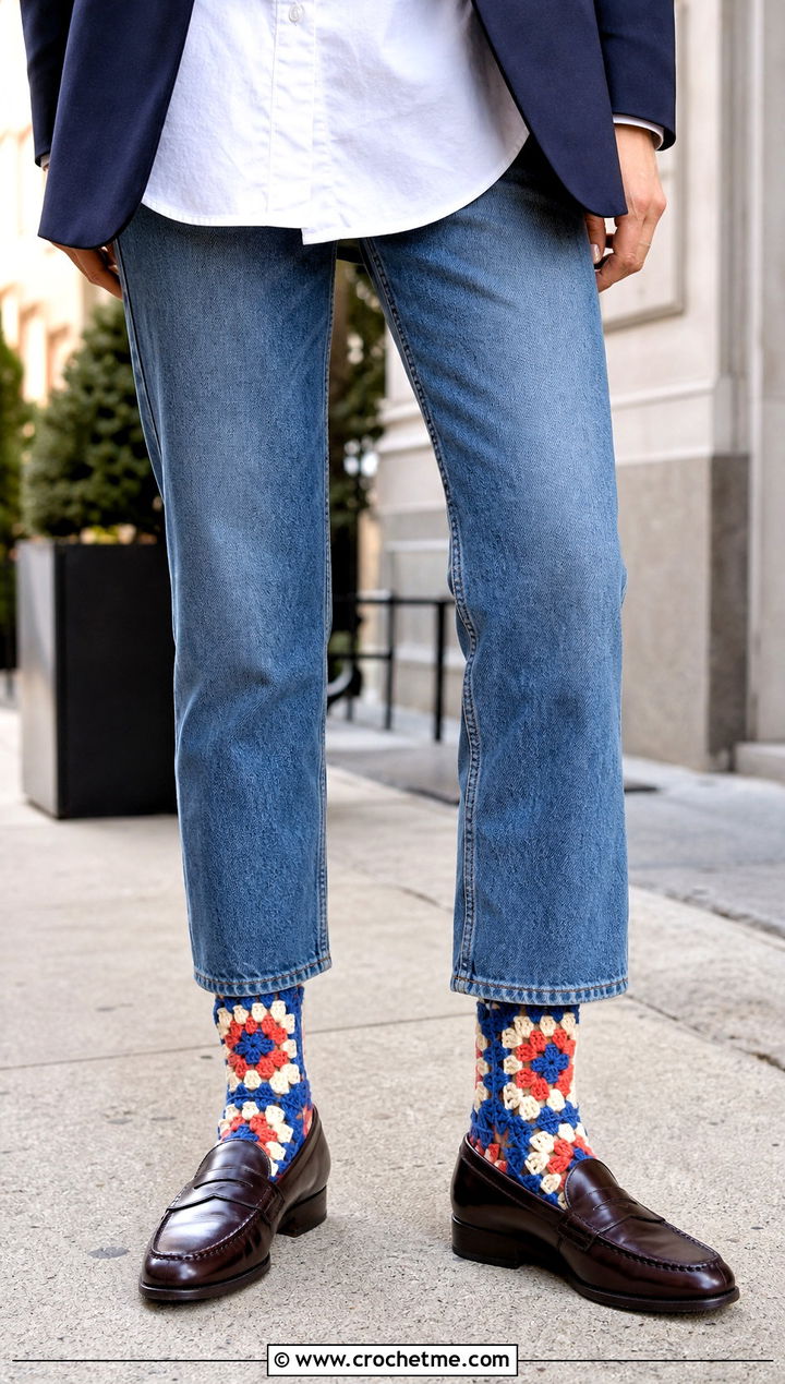 Traditional Granny Square Crew Socks With Jeans And Loafers - 35 crochet granny square socks outfit ideas