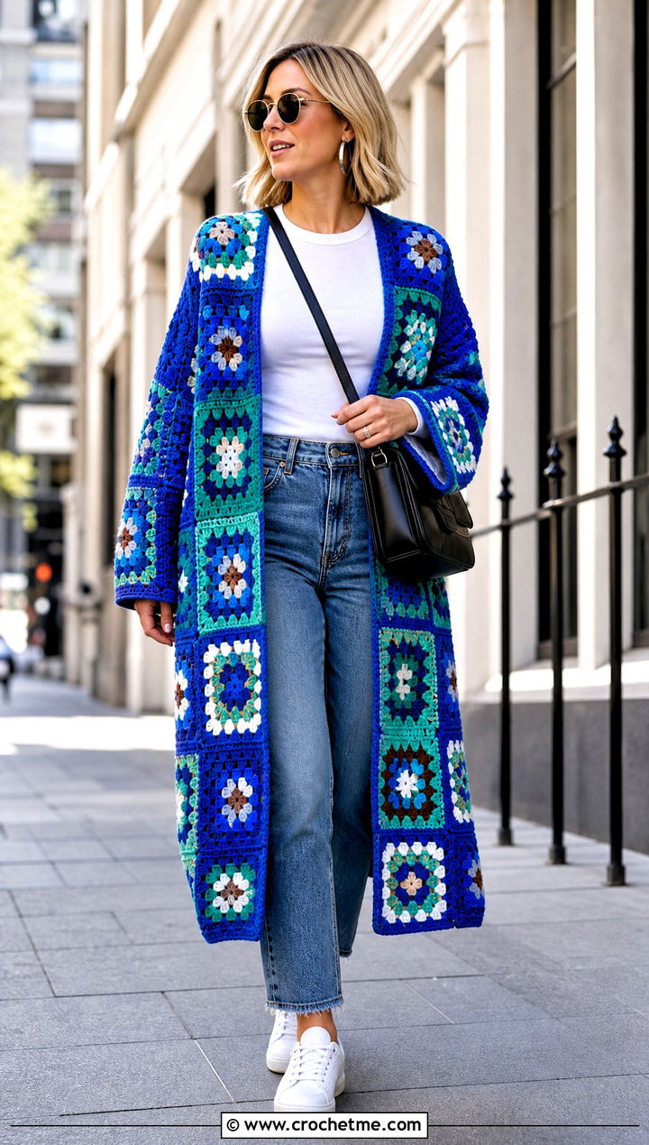 Traditional Granny Square Longline Coat With Straight Leg Jeans - 15 crochet granny square afghan style coat cardigan outfit ideas