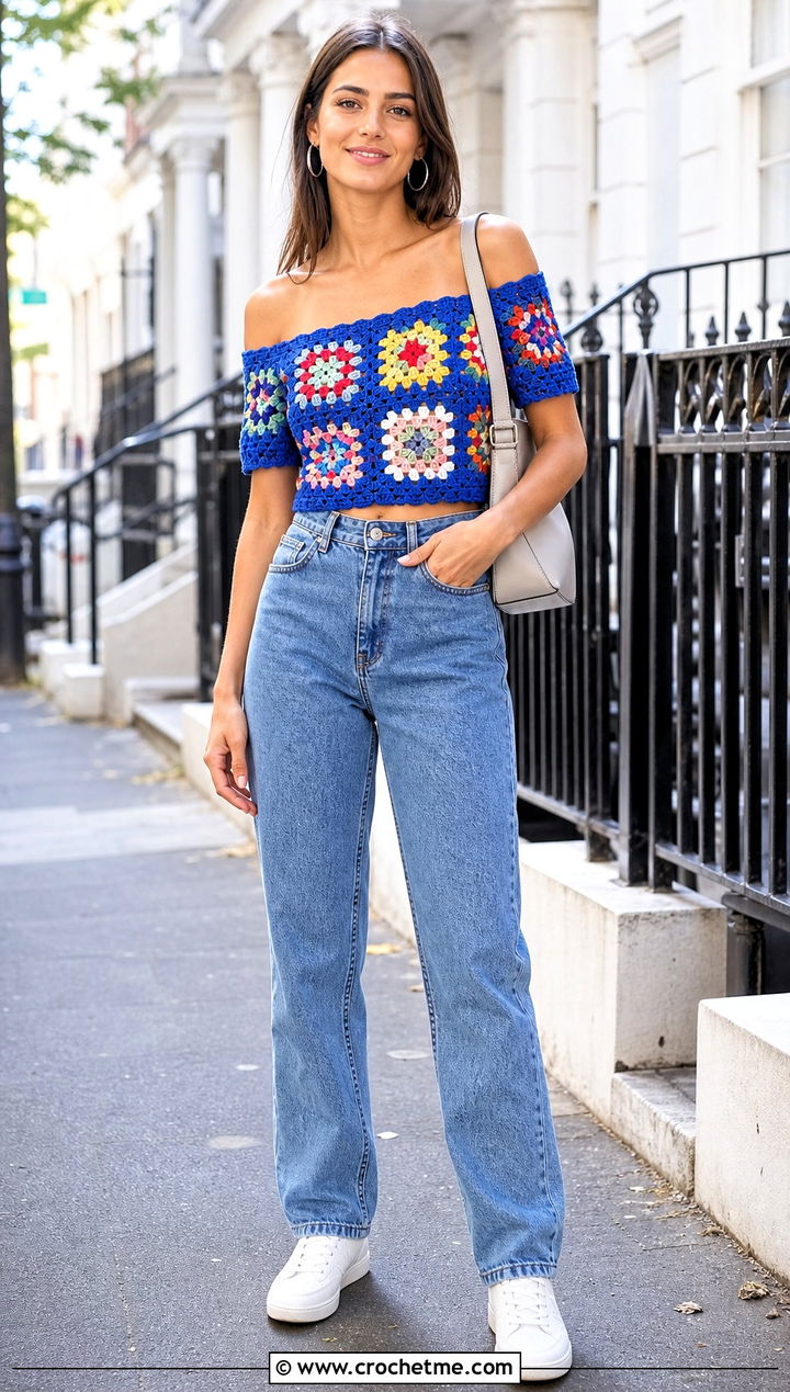 Traditional Granny Square Off The Shoulder Top With Straight Leg Jeans - 15 Crochet Off The Shoulder Granny Square Top outfit ideas