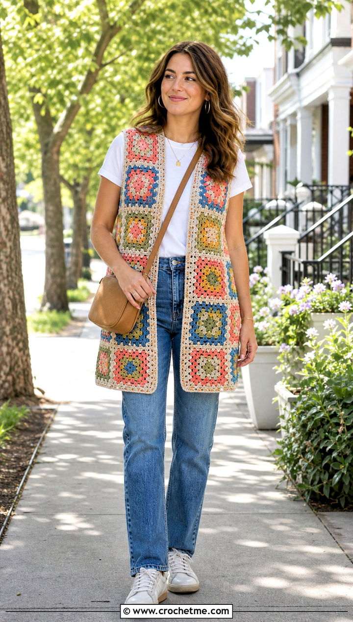 Traditional Granny Square Open Vest With Straight Leg Jeans - 25 granny square open vest outfit ideas