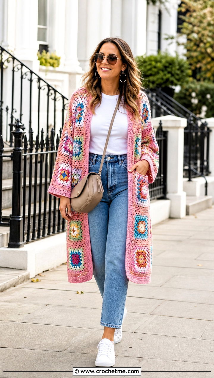 Traditional Granny Square Pocket Shawl With Straight Leg Jeans - 20 Granny Square Pocket Shawl outfit ideas