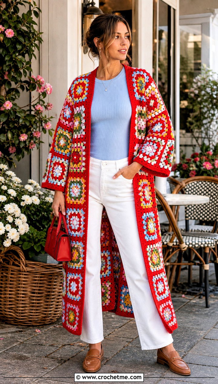 Traditional Granny Square Robe With White Denim - 20 granny square robe outfit ideas