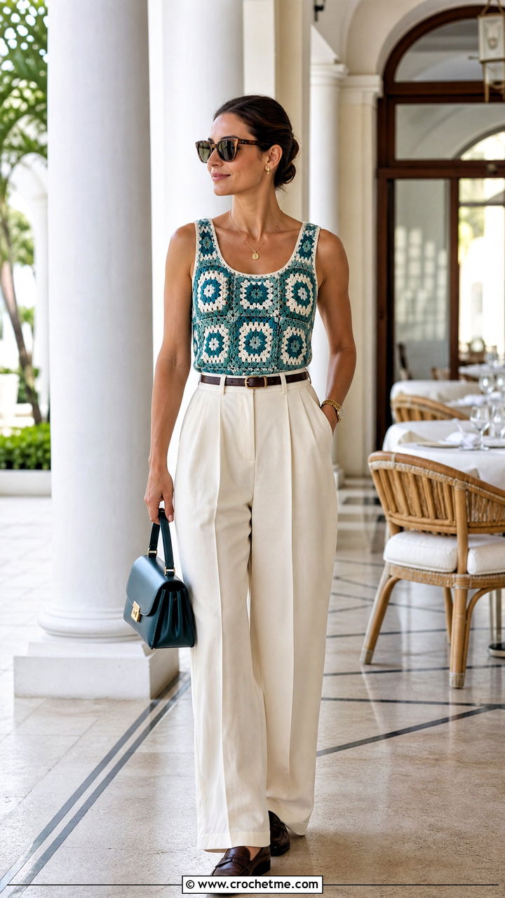 Traditional Granny Square Tank Top With Pleated Trousers - 35 granny square tank top outfit ideas