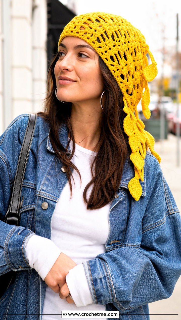 Trailing Leaves Beanie With Denim Jacket - 25 Crochet Leaf Hat outfit ideas