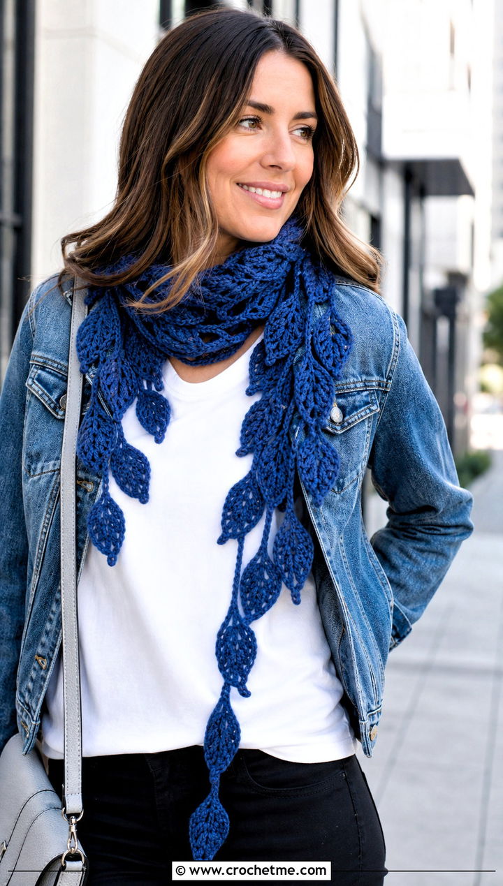 Trailing Leaves Scarf With Denim Jacket - 25 crochet leaf scarf outfit ideas
