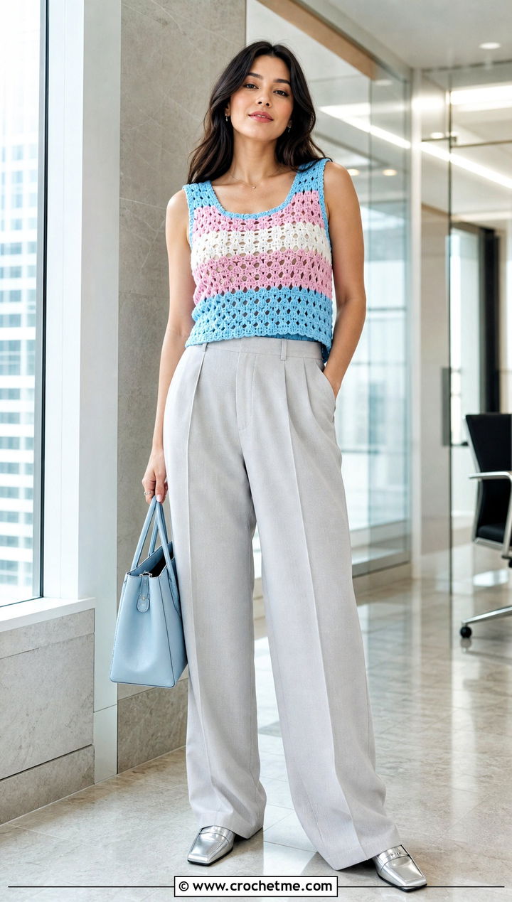 Trans Flag Crochet Vest Top With Tailored Trousers - 35 crochet pride top outfit ideas
