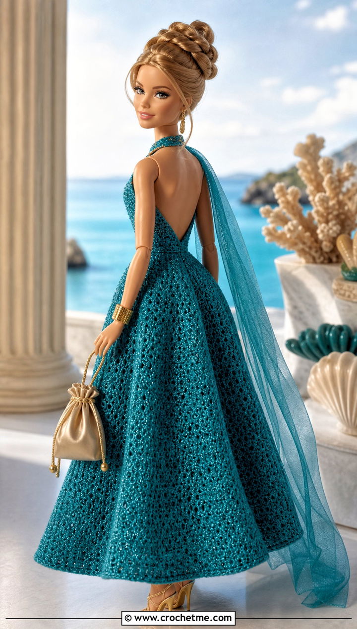 Transformative Teal Halter Crochet Barbie Ball Gown - 30 crochet barbie ball gowns outfit ideas