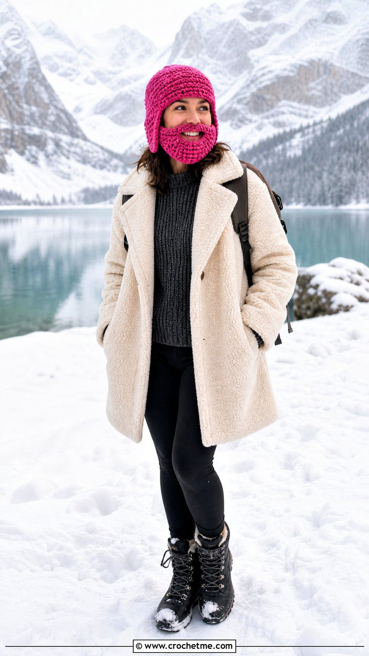 Trapper Beard Hat With Teddy Coat - 35 crochet beard hat outfit ideas