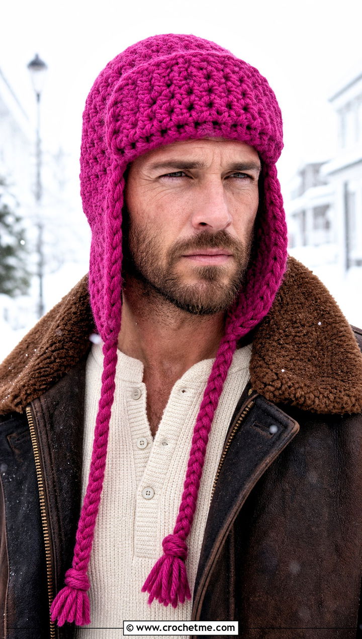 Trapper Crochet Earflap Hat With Shearling Jacket - 20 Mens Crochet Earflap Hat outfit ideas