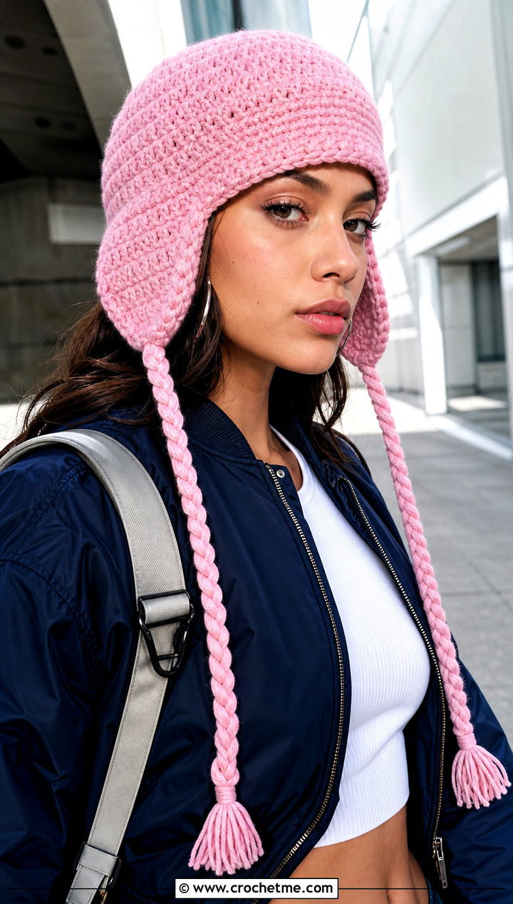 Trapper Crochet Hat With Braided Ties And Bomber Jacket - 30 crochet hat with braids outfit ideas